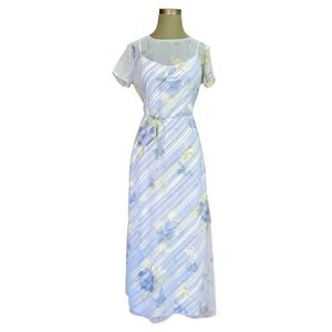 Vintage A-List by Wrapper Blue Floral Chiffon Maxi Dress 5 Sheer Overlay Tie EXC